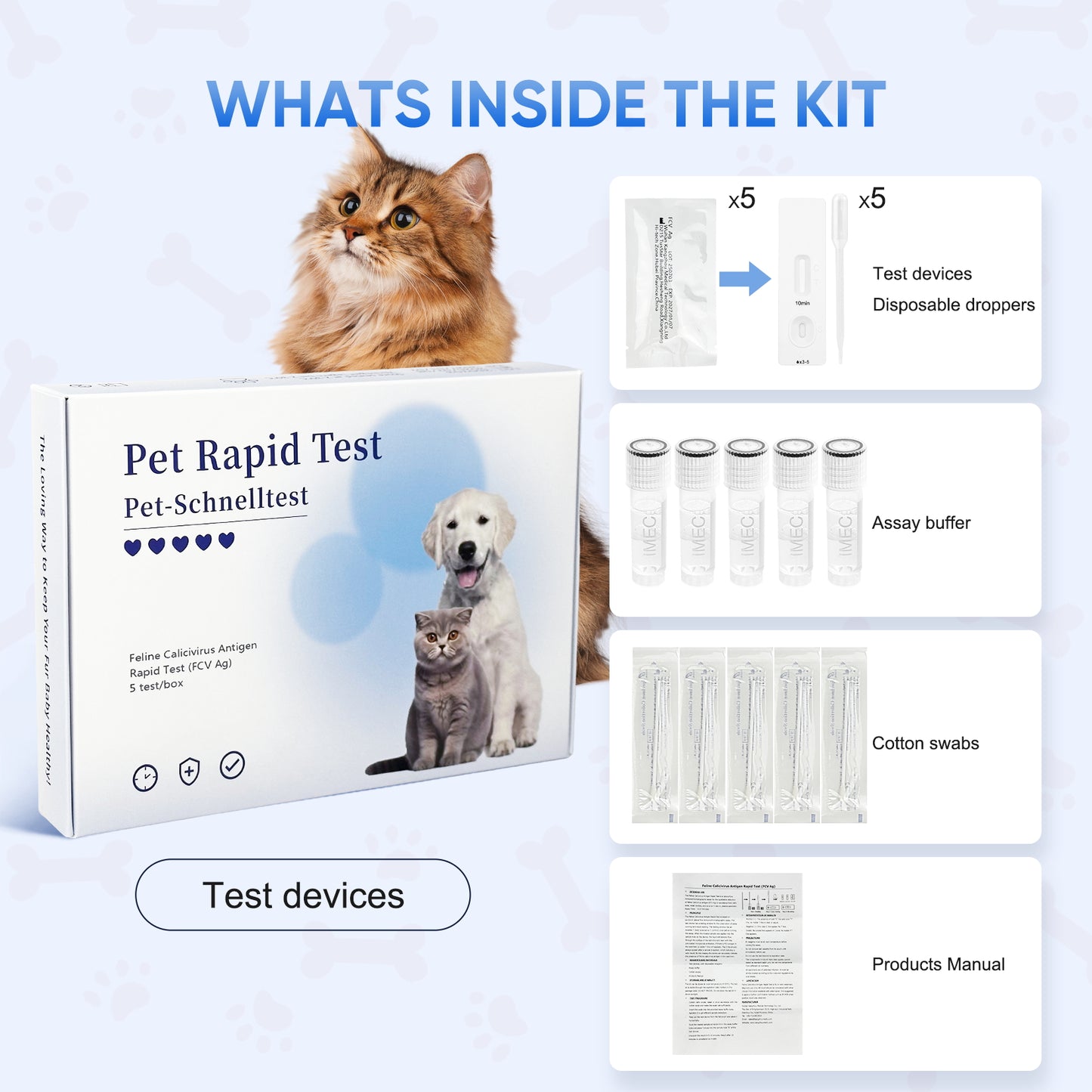 PawsXfun Feline Calicivirus Test Kit 5 Pieces: Quick 5-Min Home FCV Detection For Cats. Accurate, Non-Invasive, All Breeds/Ages
