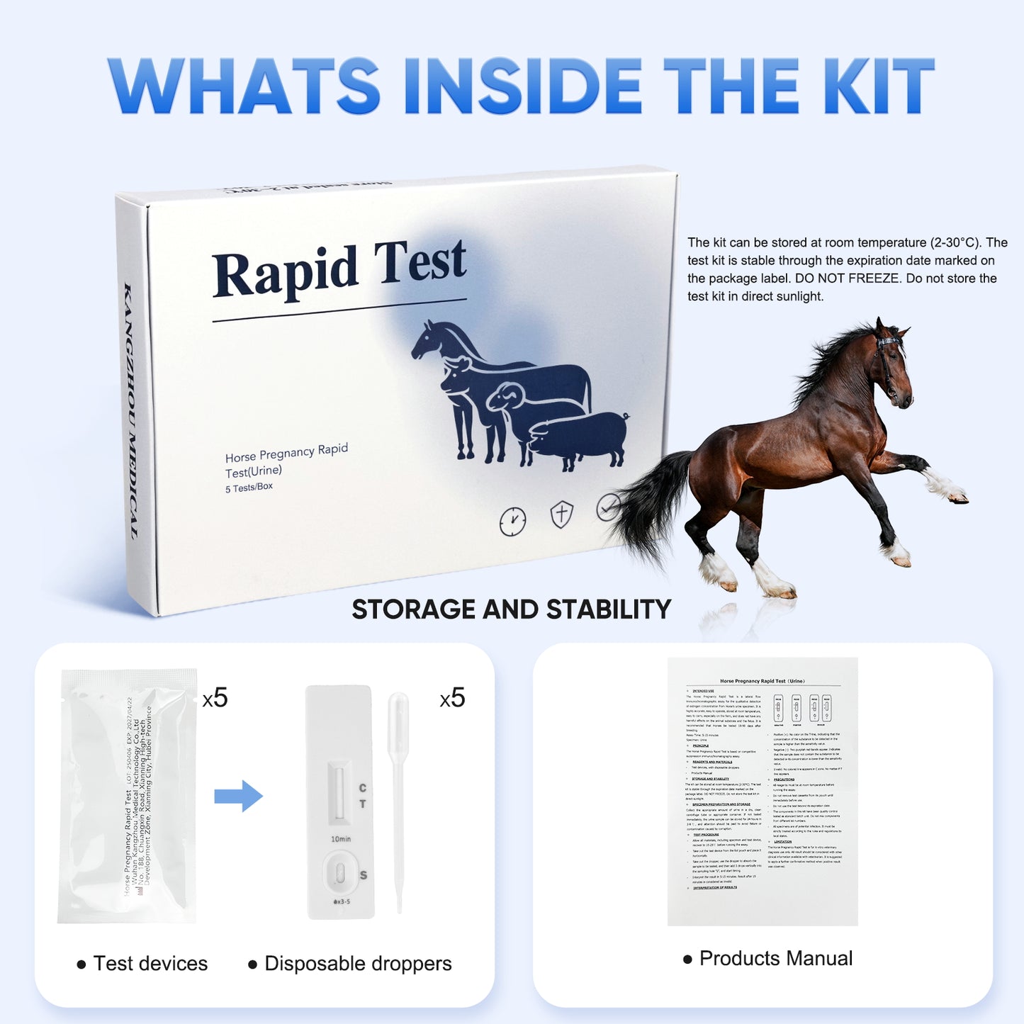 Horse Pregnancy Test Kit - 5-Pack Rapid Urine Test Strips for Mares, Accurate Results in 10 Mins, Easy to Use Farm Animal Breeding Detection Tool 18-90 Days After Breeding