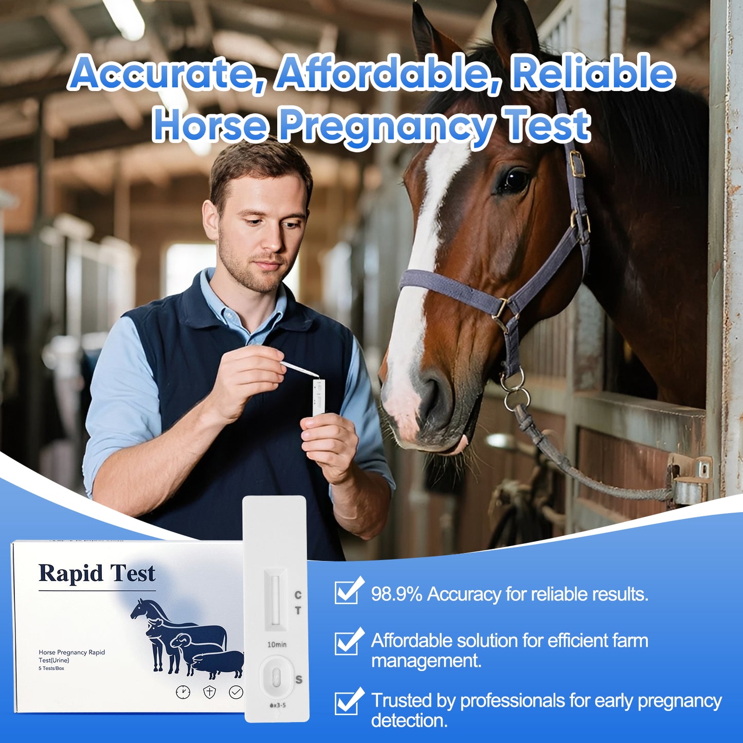 Horse Pregnancy Test Kit - 5-Pack Rapid Urine Test Strips for Mares, Accurate Results in 10 Mins, Easy to Use Farm Animal Breeding Detection Tool 18-90 Days After Breeding