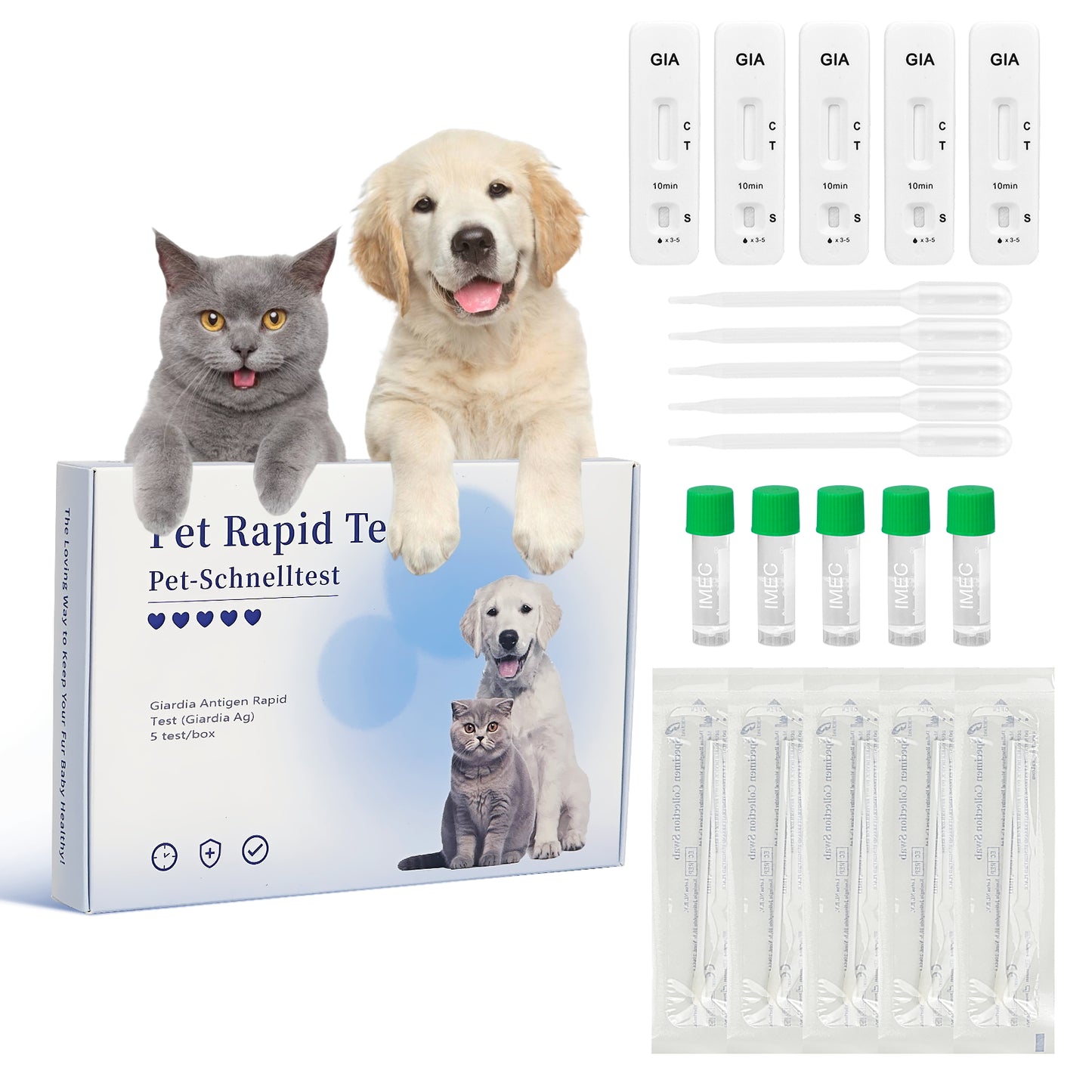 PawsXfun Dogs & Cats GIA Test Kit - Accurate & Quick 5-Pieces Home Detection of Giardia in Feces/Vomit in 5-10 Minutes! Easy to Use Non-Invasive Early Diagnosis Tool Suitable for All Breeds & Ages