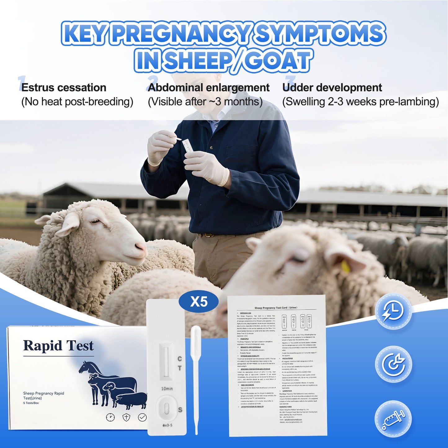 Sheep Goat Pregnancy Test Kit, 5-Pack Urine Test Strips for Early Detection, Results in 5-15 Mins, Accurate & Easy Home Farm Use