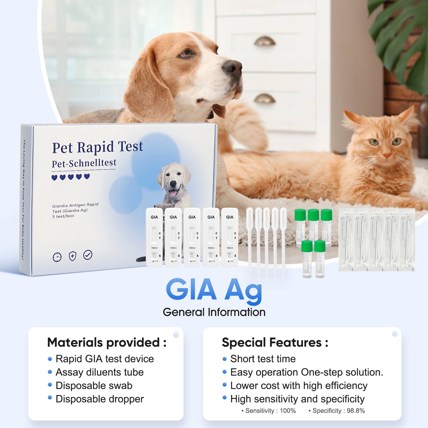 PawsXfun Dogs & Cats GIA Test Kit - Accurate & Quick 5-Pieces Home Detection of Giardia in Feces/Vomit in 5-10 Minutes! Easy to Use Non-Invasive Early Diagnosis Tool Suitable for All Breeds & Ages