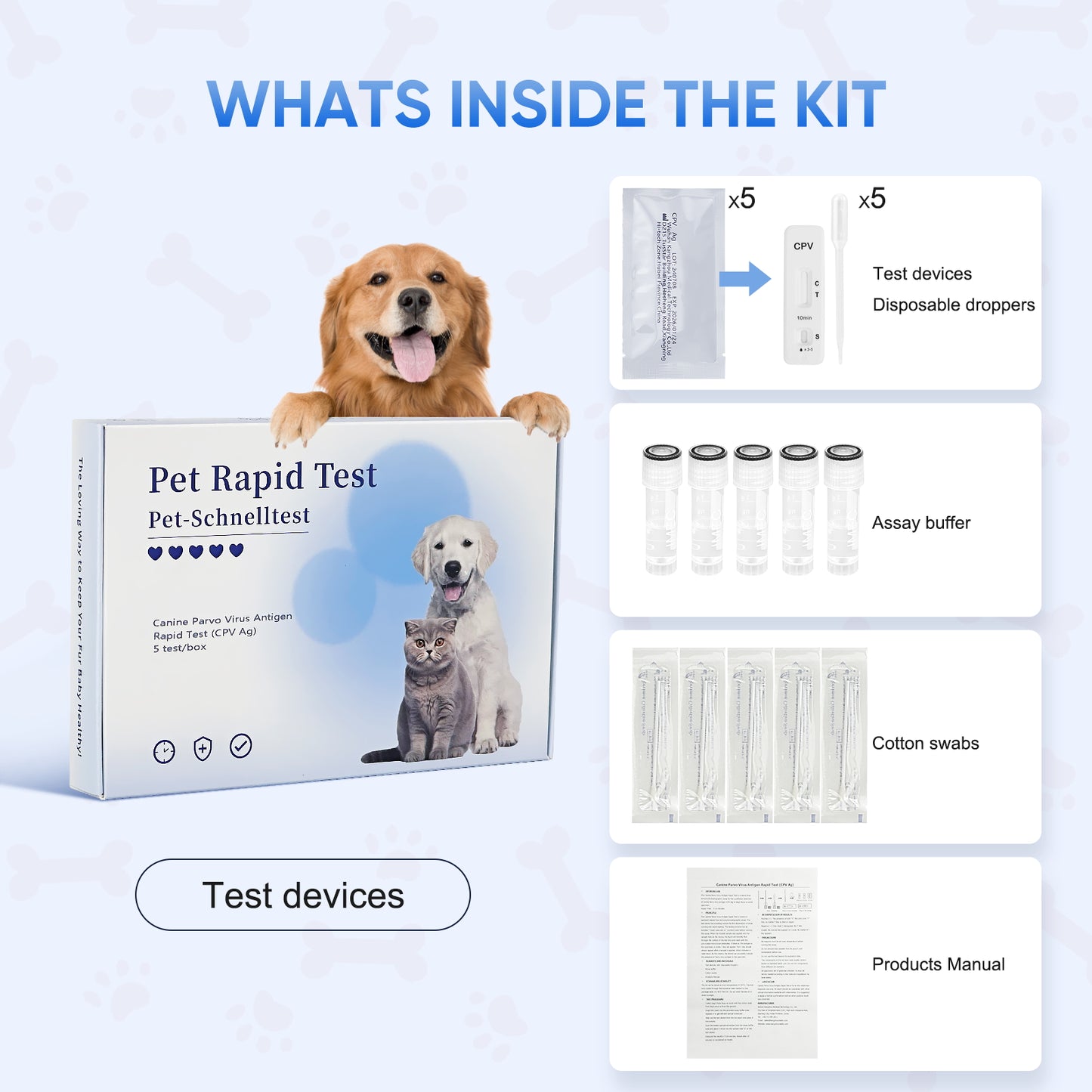 PawsXfun Dog Healthy CPV Test Kit - Accurate & Quick 5-Pieces Home Detection in Feces/Vomit in 5-10 Minutes! Easy to Use Non-Invasive Early Diagnosis Tool Suitable for All Breeds & Ages