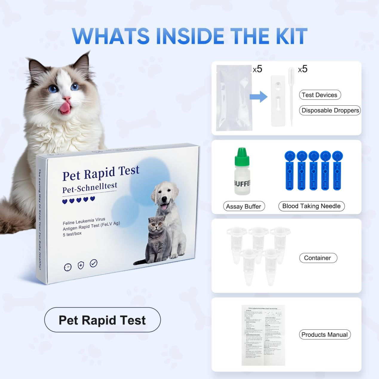PawsXfun Feline Leukemia Virus Test Kit 5 Pieces : Quick 5-Min Home FELV Detection For Cats. Accurate, Non-Invasive, All Breeds/Ages