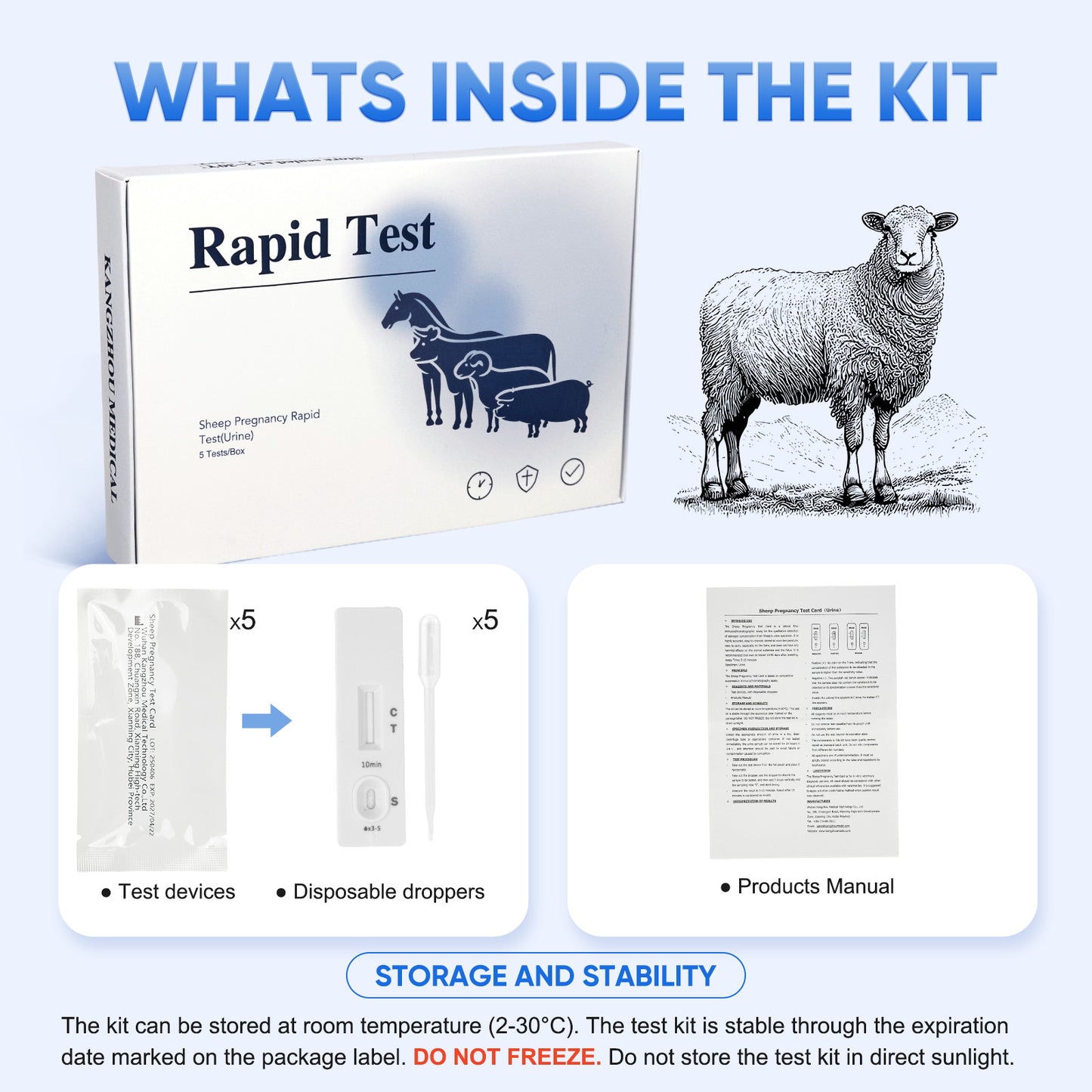 Sheep Goat Pregnancy Test Kit, 5-Pack Urine Test Strips for Early Detection, Results in 5-15 Mins, Accurate & Easy Home Farm Use